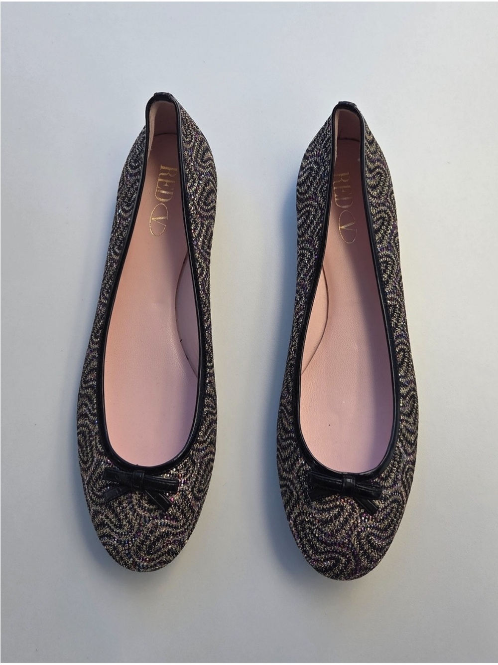 RED Valentino Glitter Ballet Flats Black Gold Sparkle Bow EU 41 Like New